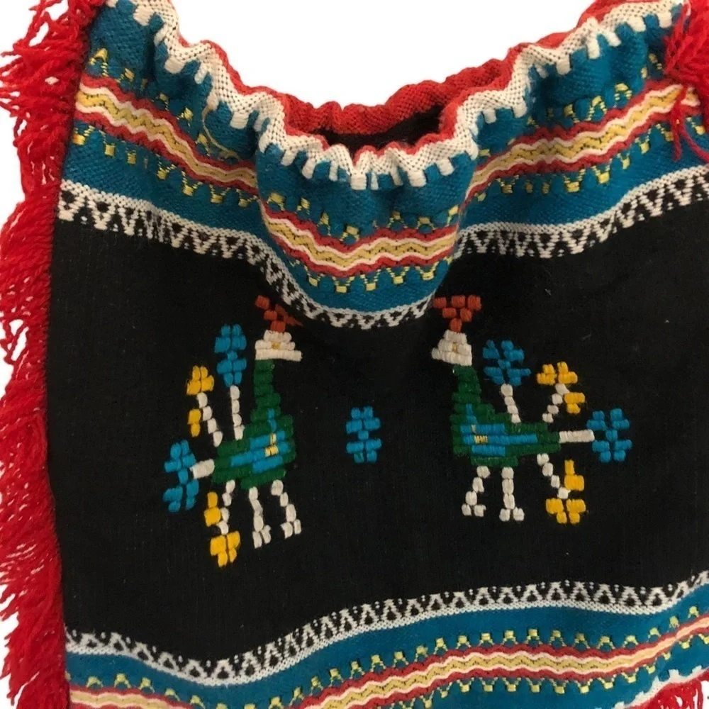 Vintage Handmade Boho Bag. Embroidered Birds. Red‎ Fringe. Groovy